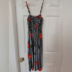 Isla Bonita Navy & White Striped Maxi Dress with Floral Accent
